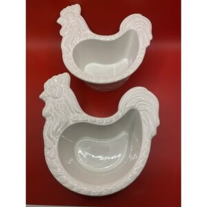White Ceramic 2 Rooster Shaped Bowls Dish Farmhouse Kitchen Décor Dip Cucken